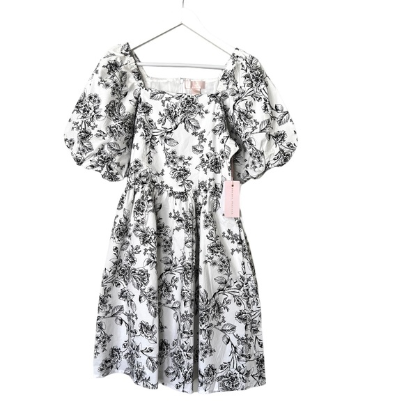 New RACHEL PARCELL Floral Poplin Fit & Flare Minidress Black White Sz 6 - Picture 8 of 15